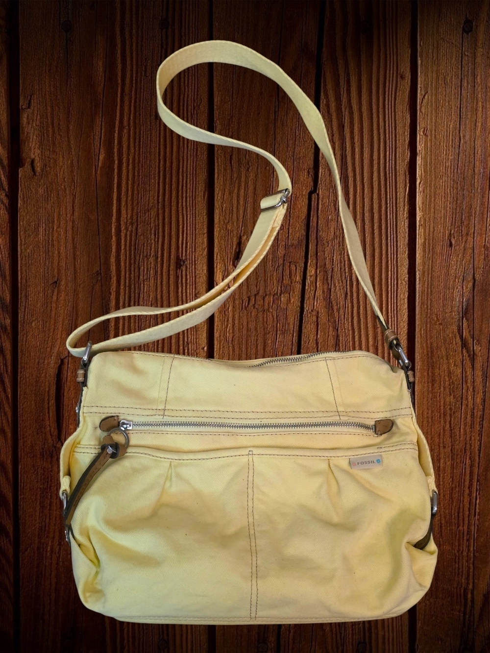 Fossil Pale Yellow Canvas Crossbody Floral Lining Adjustable Strap Casual Boho